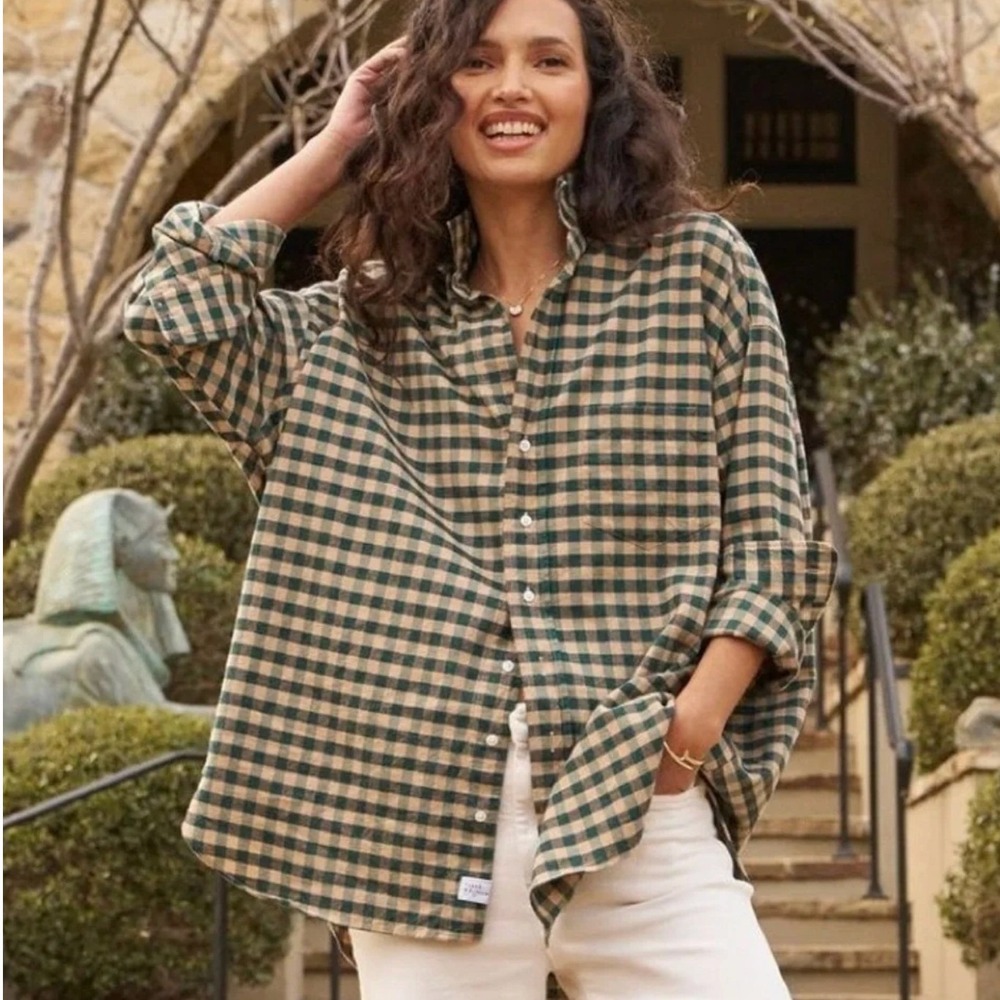 Frank & Eileen Shirley Oversized Button Up Shirt Medium Green Tan Gingham Plaid